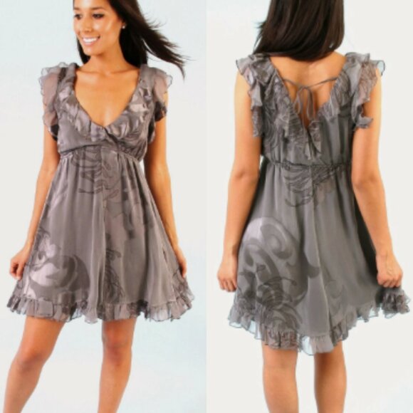 Hale Bob Sleeveless Ruffled Silk Flare Dress XS Gray White Print 26517 - Picture 1 of 15